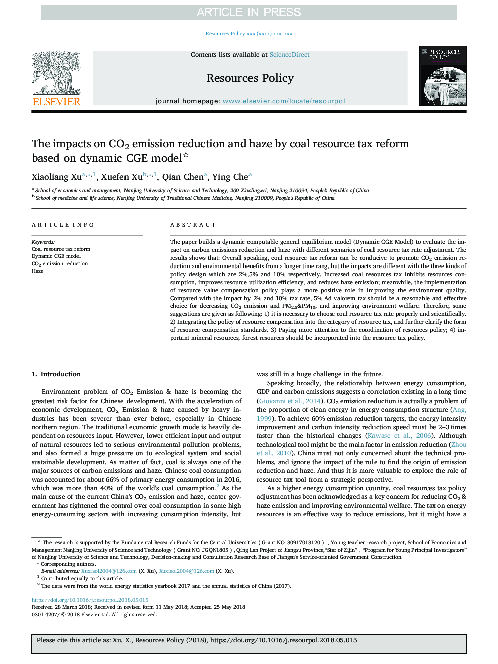 The impacts on CO2 emission reduction and haze by coal resource tax reform based on dynamic CGE model