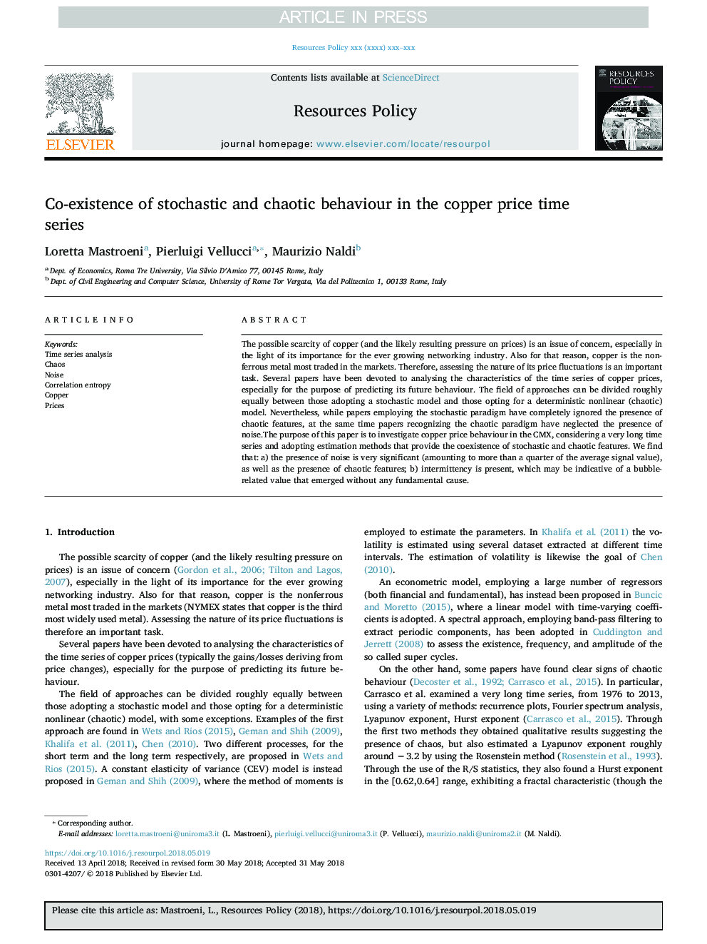 Co-existence of stochastic and chaotic behaviour in the copper price time series