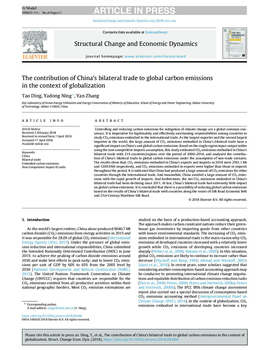 The contribution of China's bilateral trade to global carbon emissions in the context of globalization