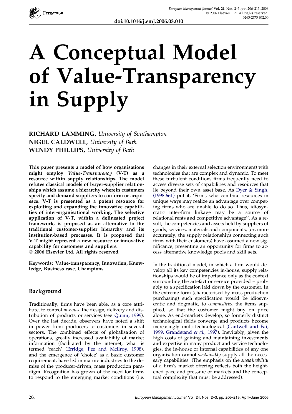 A Conceptual Model of Value-Transparency in Supply