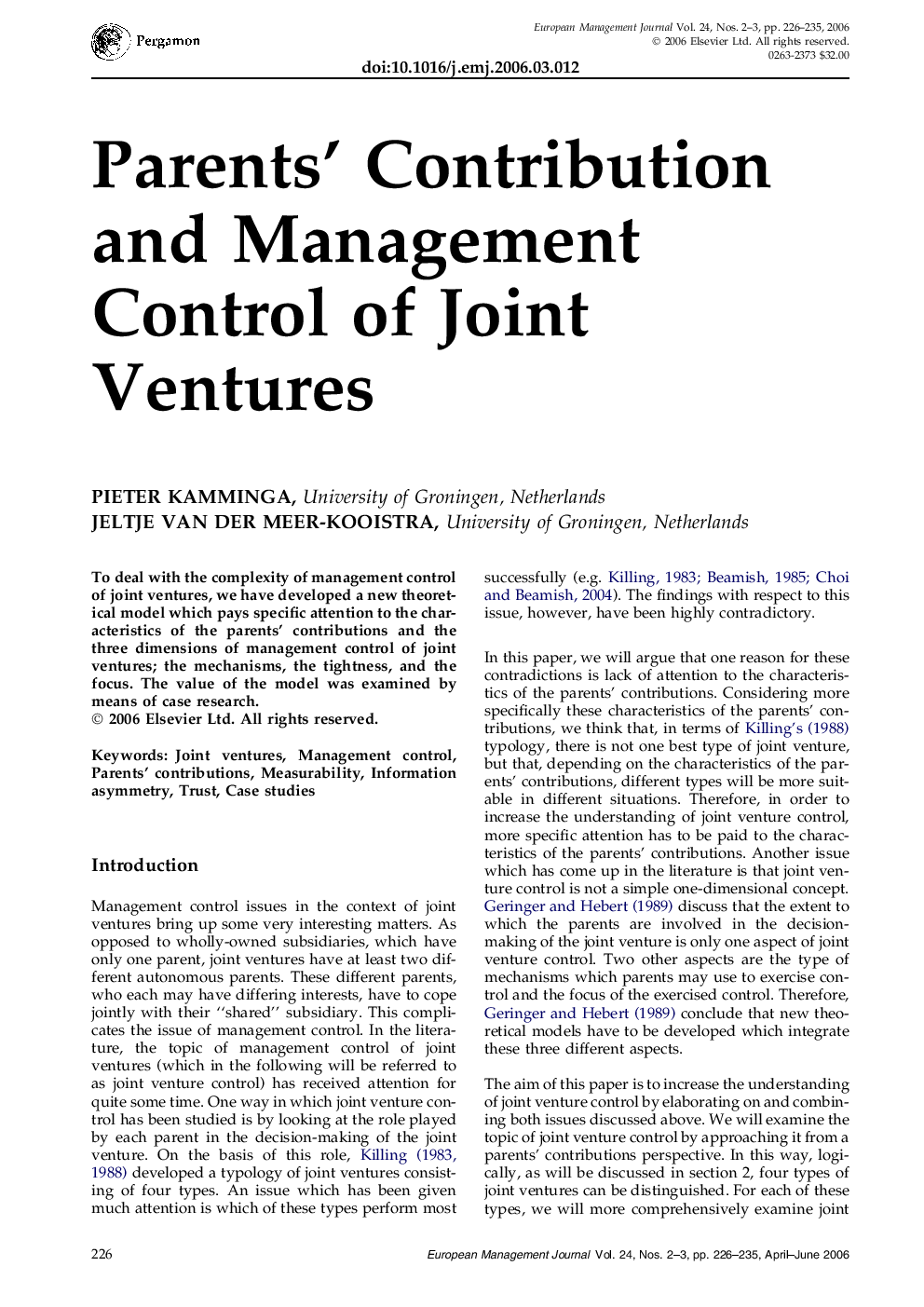 Parents’ Contribution and Management Control of Joint Ventures