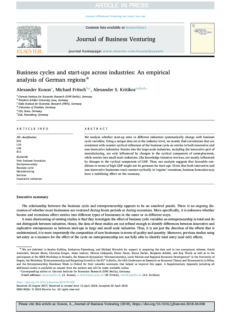 چرخه های کسب و کار و راه اندازی در سراسر صنایع: تجزیه و تحلیل تجربی از مناطق آلمان