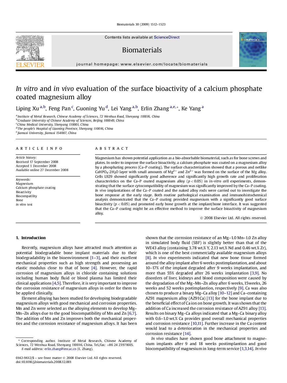 In vitro and in vivo evaluation of the surface bioactivity of a calcium phosphate coated magnesium alloy