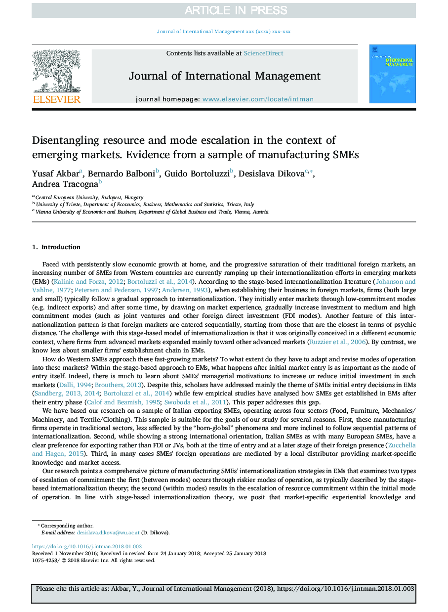 عکس صفحه اول مقاله: Disentangling resource and mode escalation in the context of emerging markets. Evidence from a sample of manufacturing SMEs Disentangling resource and mode escalation in the context of emerging markets. Evidence from a sample of manufacturing SMEs