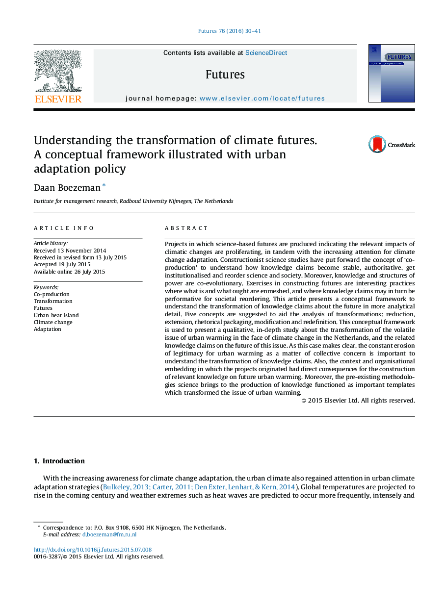Understanding the transformation of climate futures. A conceptual framework illustrated with urban adaptation policy