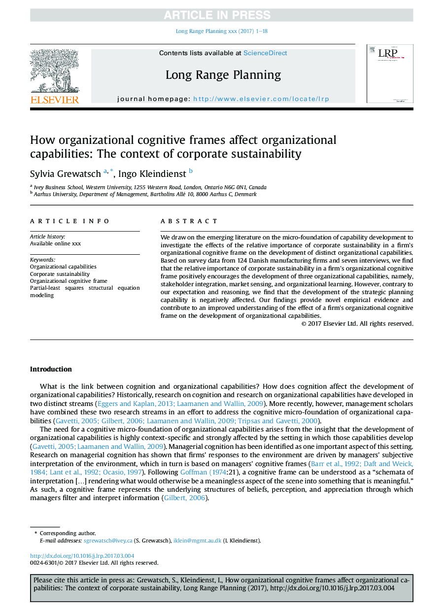 How organizational cognitive frames affect organizational capabilities: The context of corporate sustainability