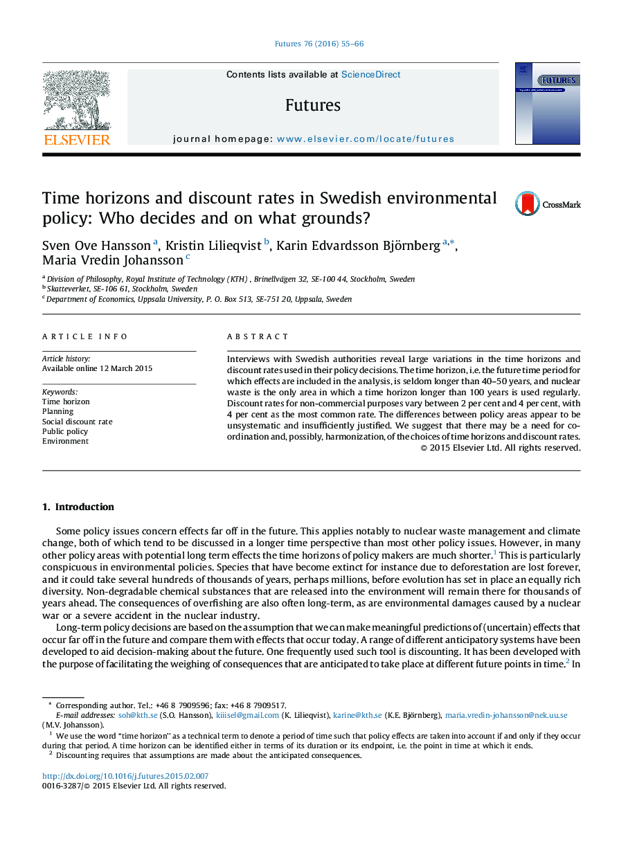 Time horizons and discount rates in Swedish environmental policy: Who decides and on what grounds?