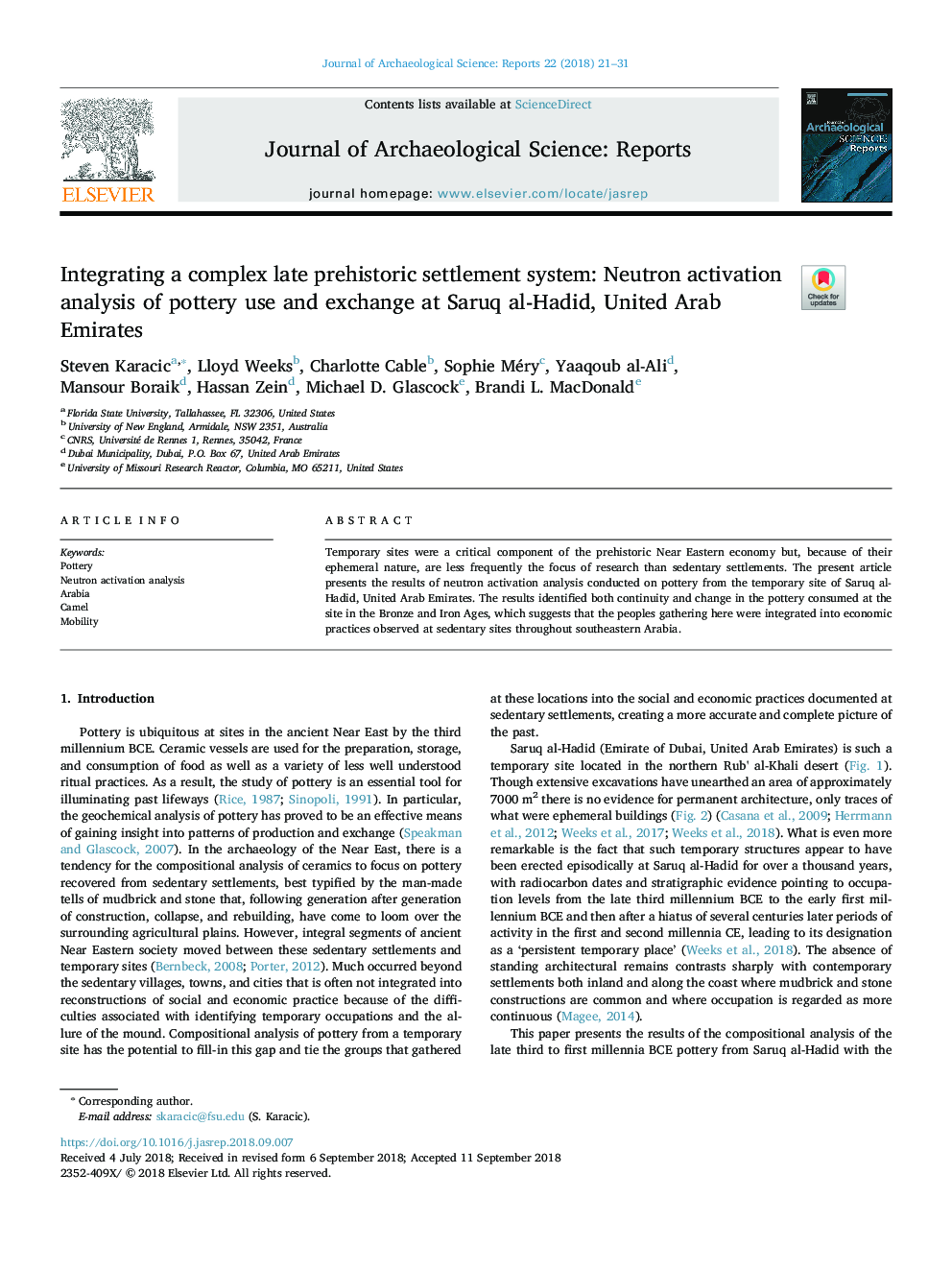 Integrating a complex late prehistoric settlement system: Neutron activation analysis of pottery use and exchange at Saruq al-Hadid, United Arab Emirates