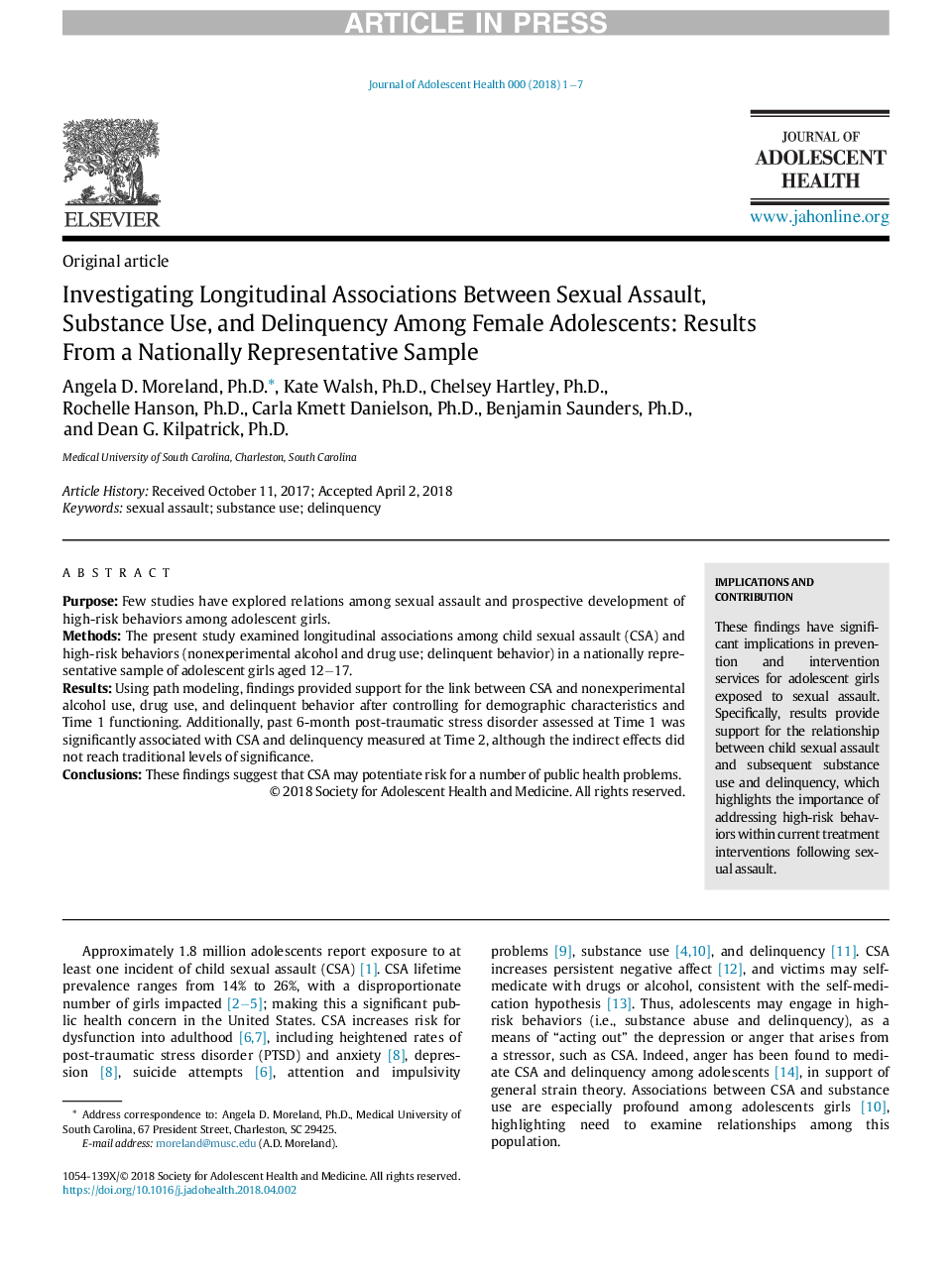 Investigating Longitudinal Associations Between Sexual Assault, Substance Use, and Delinquency Among Female Adolescents: Results From a Nationally Representative Sample