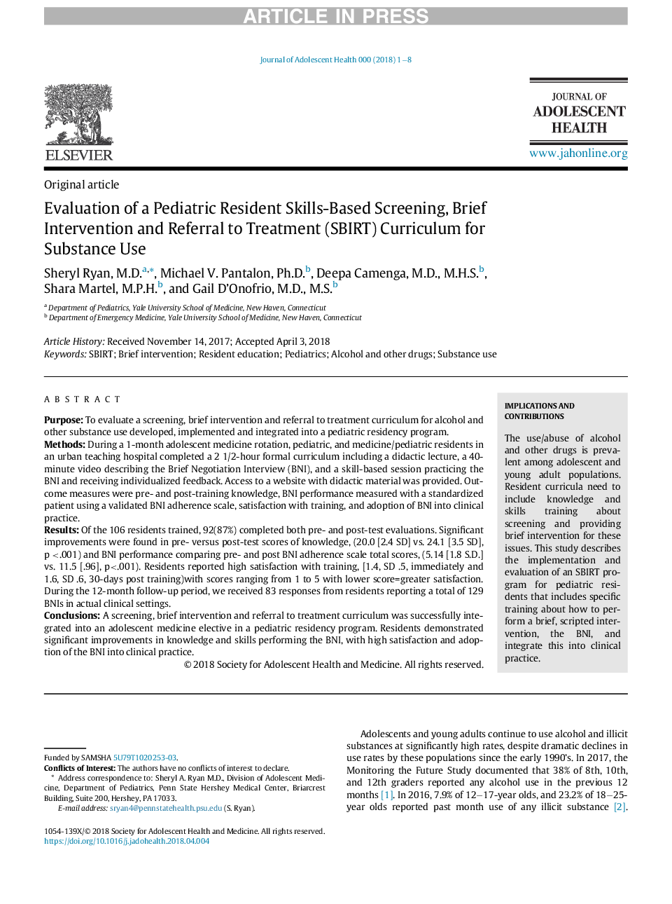 Evaluation of a Pediatric Resident Skills-Based Screening, Brief Intervention and Referral to Treatment (SBIRT) Curriculum for Substance Use