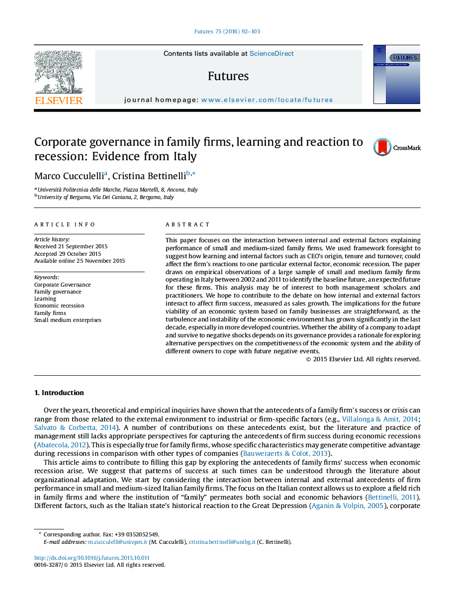 Corporate governance in family firms, learning and reaction to recession: Evidence from Italy