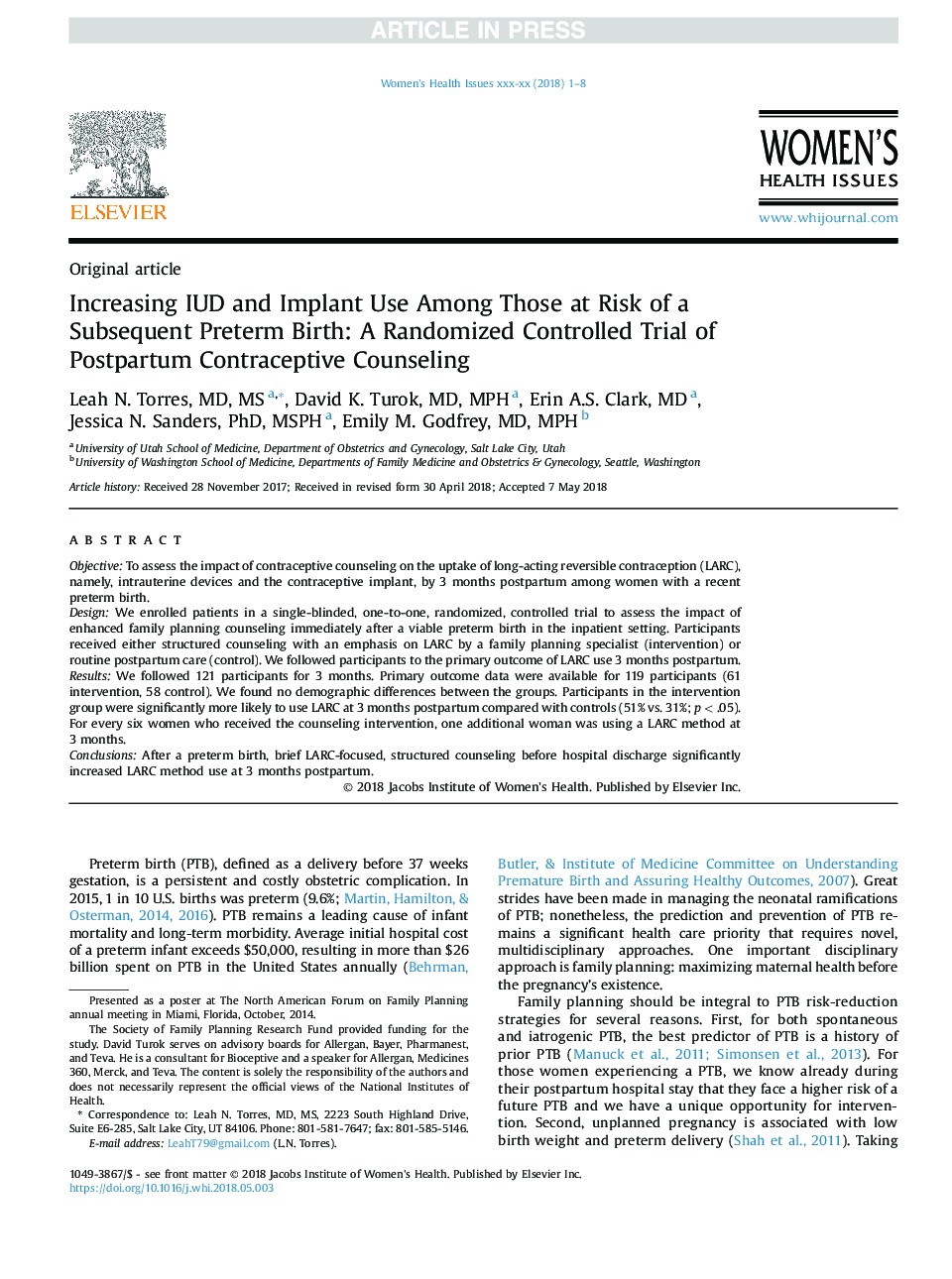 Increasing IUD and Implant Use Among Those at Risk of a Subsequent Preterm Birth: A Randomized Controlled Trial of Postpartum Contraceptive Counseling