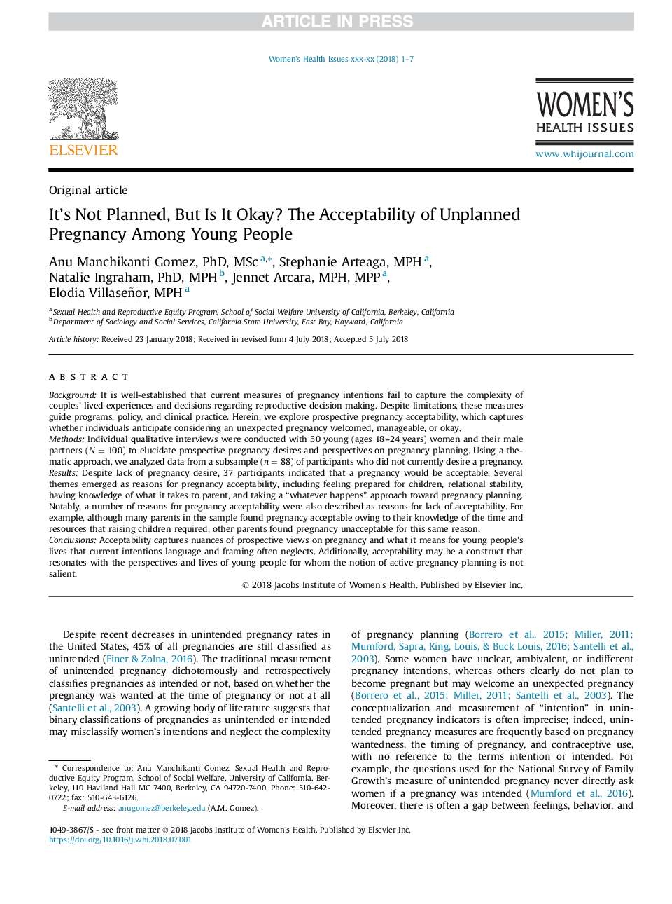 It's Not Planned, But Is It Okay? The Acceptability of Unplanned Pregnancy Among Young People