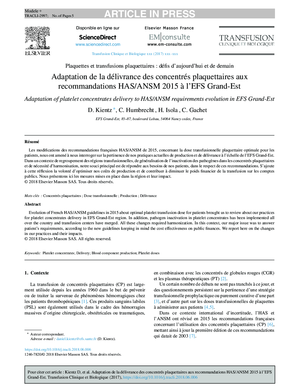 Adaptation de la délivrance des concentrés plaquettaires aux recommandations HAS/ANSM 2015Â Ã  l'EFS Grand-Est