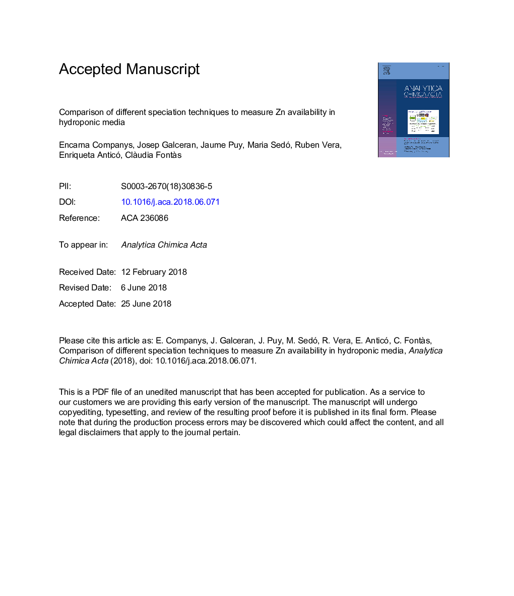 Comparison of different speciation techniques to measure Zn availability in hydroponic media