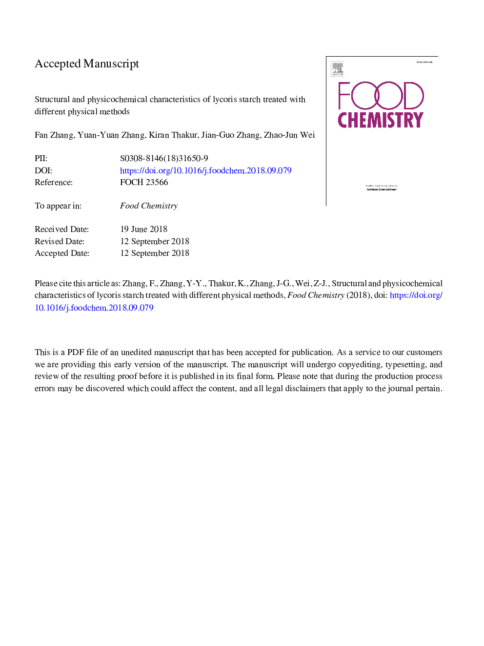 Structural and physicochemical characteristics of lycoris starch treated with different physical methods