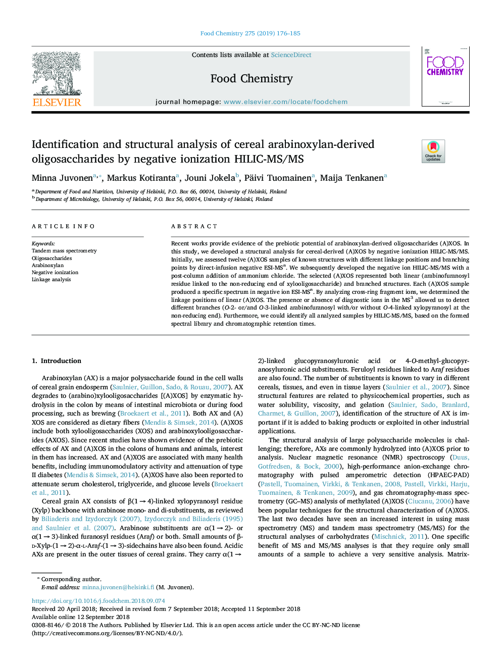 Identification and structural analysis of cereal arabinoxylan-derived oligosaccharides by negative ionization HILIC-MS/MS