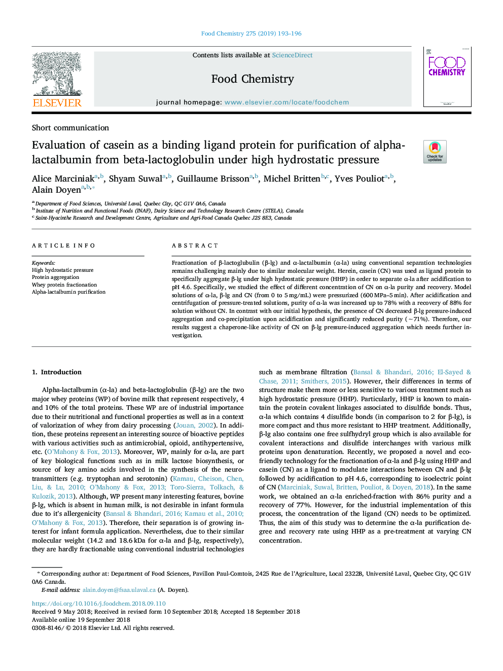 Evaluation of casein as a binding ligand protein for purification of alpha-lactalbumin from beta-lactoglobulin under high hydrostatic pressure