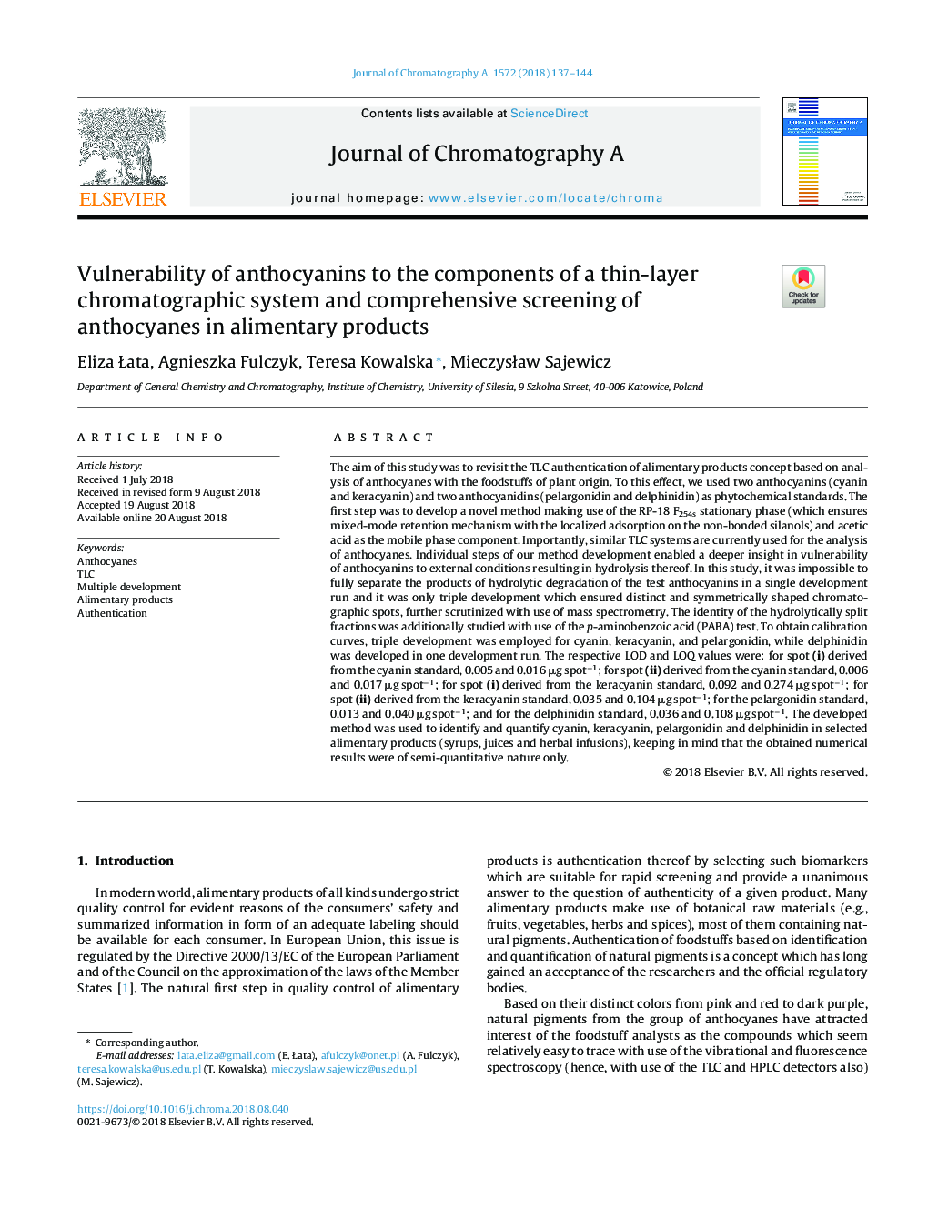 آسیب پذیری آنتوسیانین ها به اجزای یک سیستم کروماتوگرافی نازک و بررسی جامع آنتوسیان ها در محصولات گوشتی