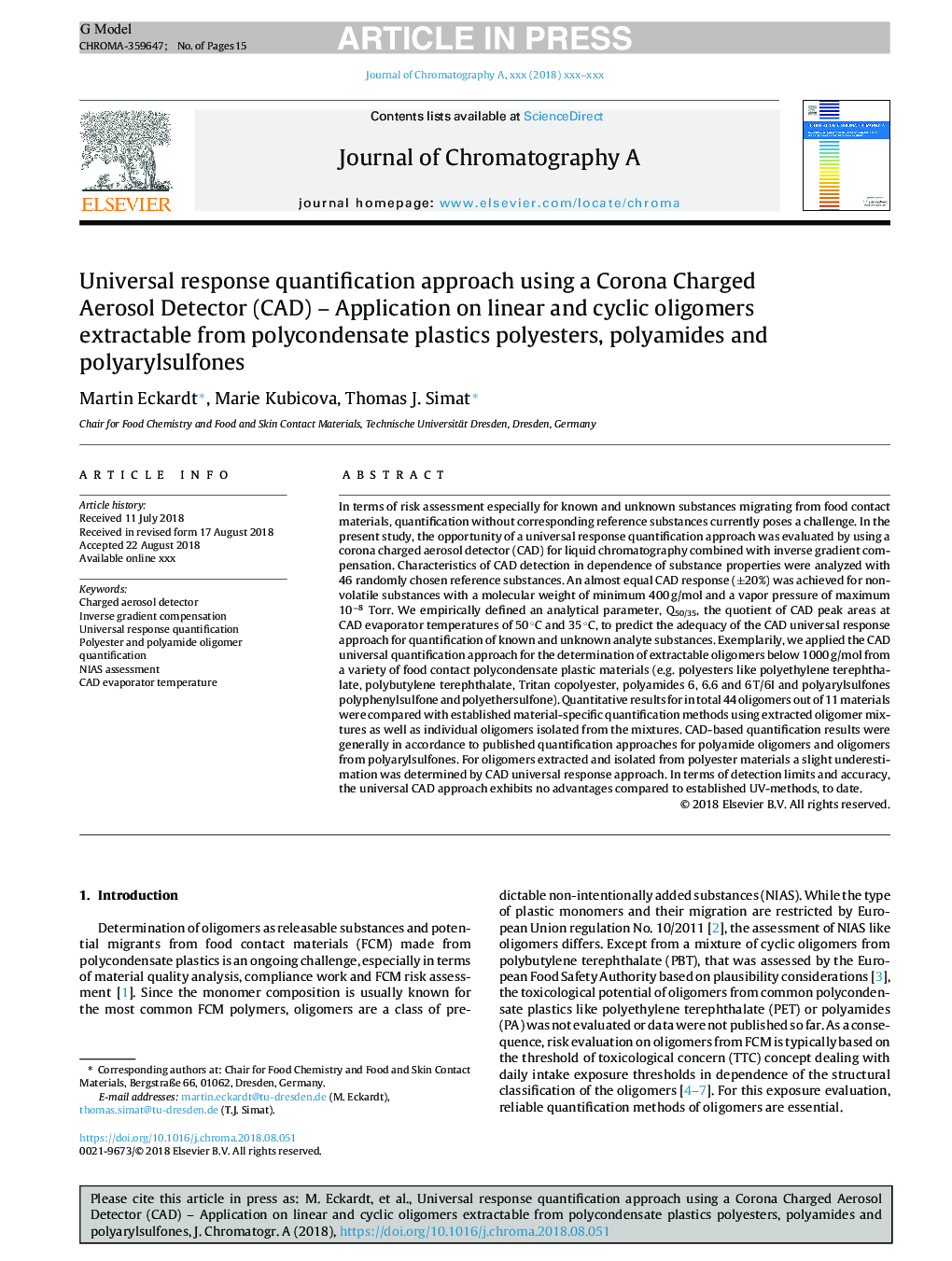 Universal response quantification approach using a Corona Charged Aerosol Detector (CAD) - Application on linear and cyclic oligomers extractable from polycondensate plastics polyesters, polyamides and polyarylsulfones