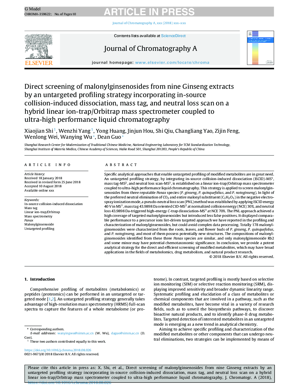 عکس صفحه اول مقاله: Direct screening of malonylginsenosides from nine Ginseng extracts by an untargeted profiling strategy incorporating in-source collision-induced dissociation, mass tag, and neutral loss scan on a hybrid linear ion-trap/Orbitrap mass spectrometer coupled t Direct screening of malonylginsenosides from nine Ginseng extracts by an untargeted profiling strategy incorporating in-source collision-induced dissociation, mass tag, and neutral loss scan on a hybrid linear ion-trap/Orbitrap mass spectrometer coupled t