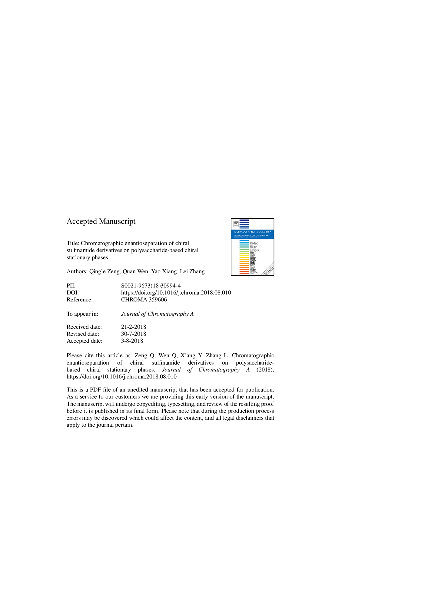 Chromatographic enantioseparation of chiral sulfinamide derivatives on polysaccharide-based chiral stationary phases