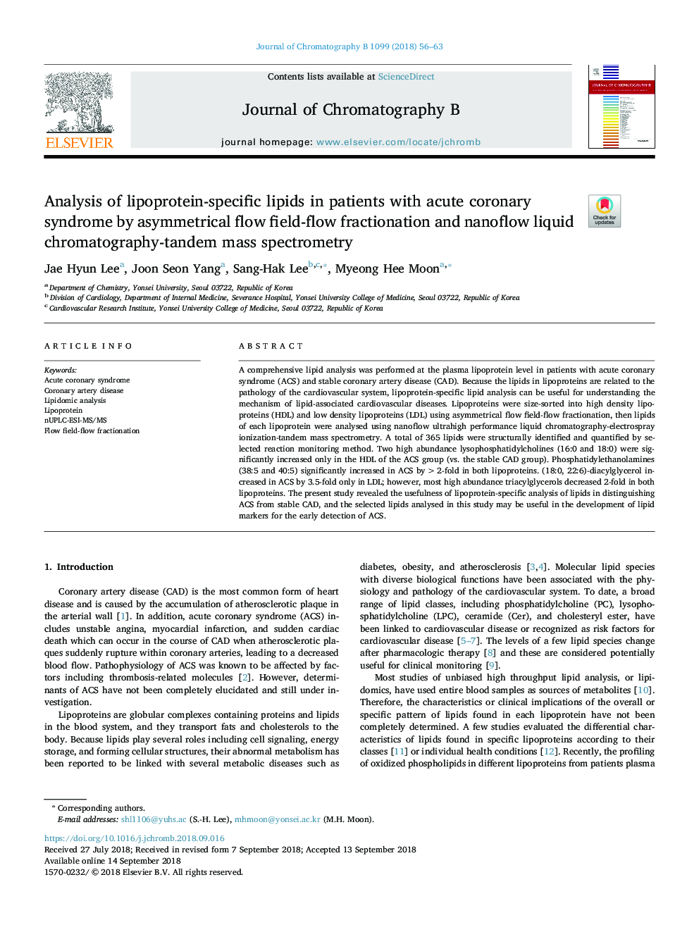 تجزیه و تحلیل لیپیدهای اختصاصی لیپوپروتئین در بیماران مبتلا به سندرم حاد کرونری با استفاده از تقطیر میدان جریان جریان نامتقارن و طیف سنجی جرم کروماتوگرافی مایع نانو فلو