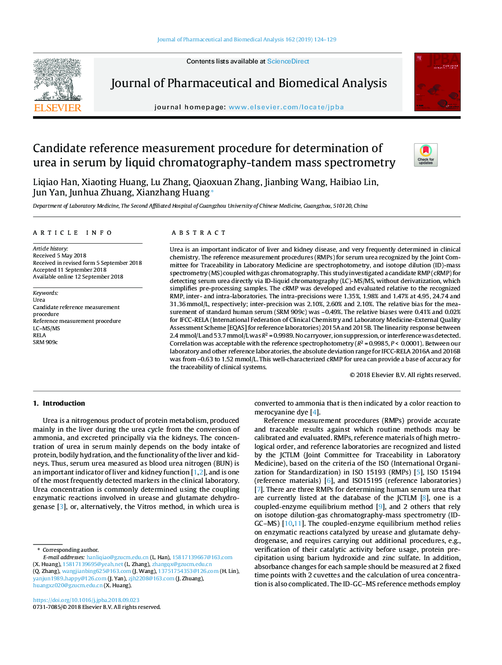 Candidate reference measurement procedure for determination of urea in serum by liquid chromatography-tandem mass spectrometry