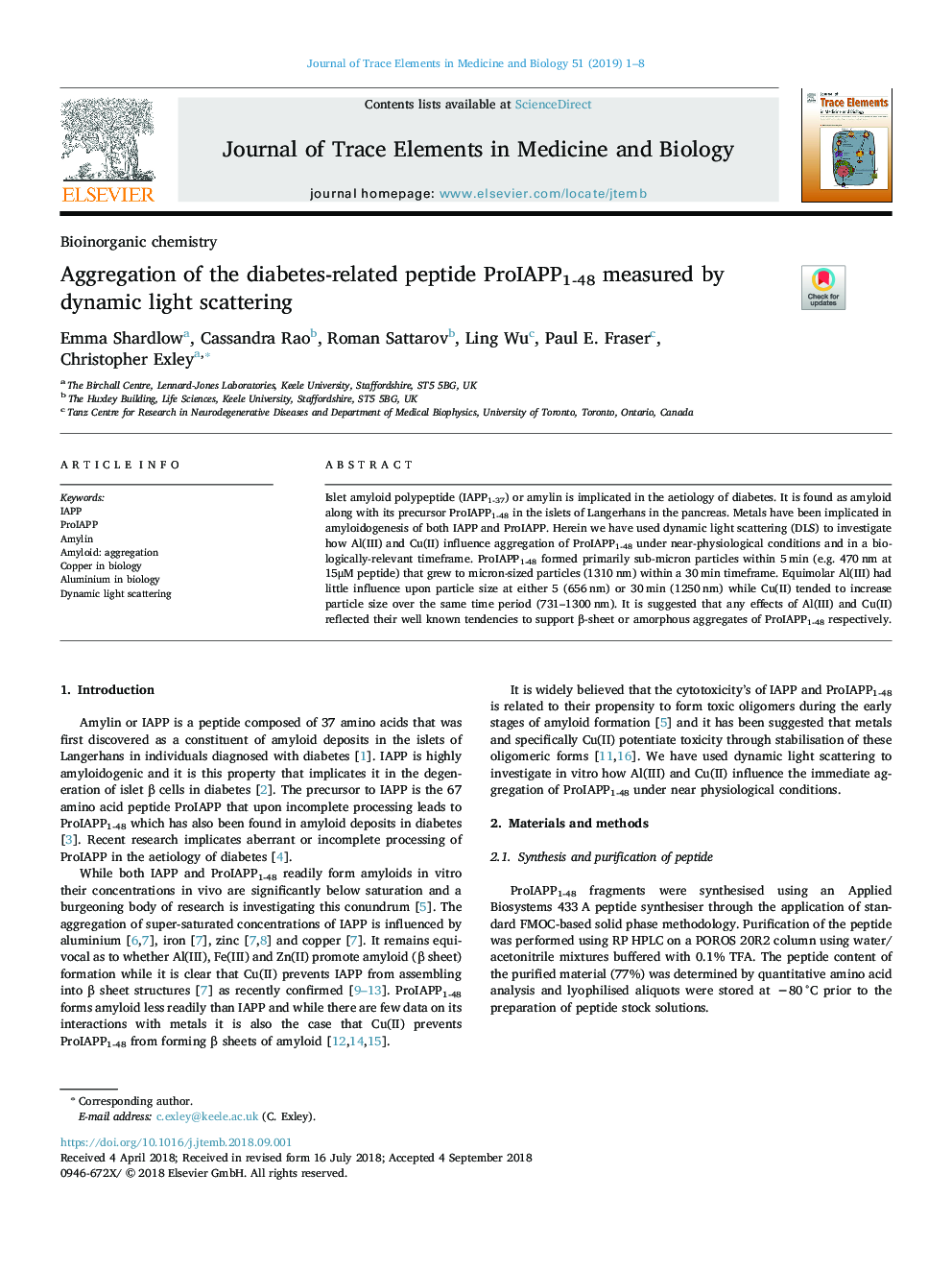 Aggregation of the diabetes-related peptide ProIAPP1-48 measured by dynamic light scattering