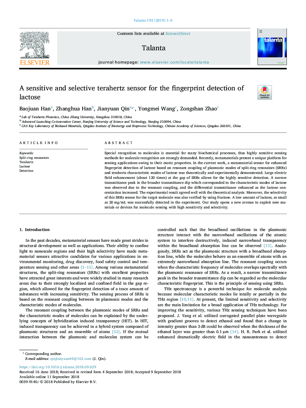 A sensitive and selective terahertz sensor for the fingerprint detection of lactose