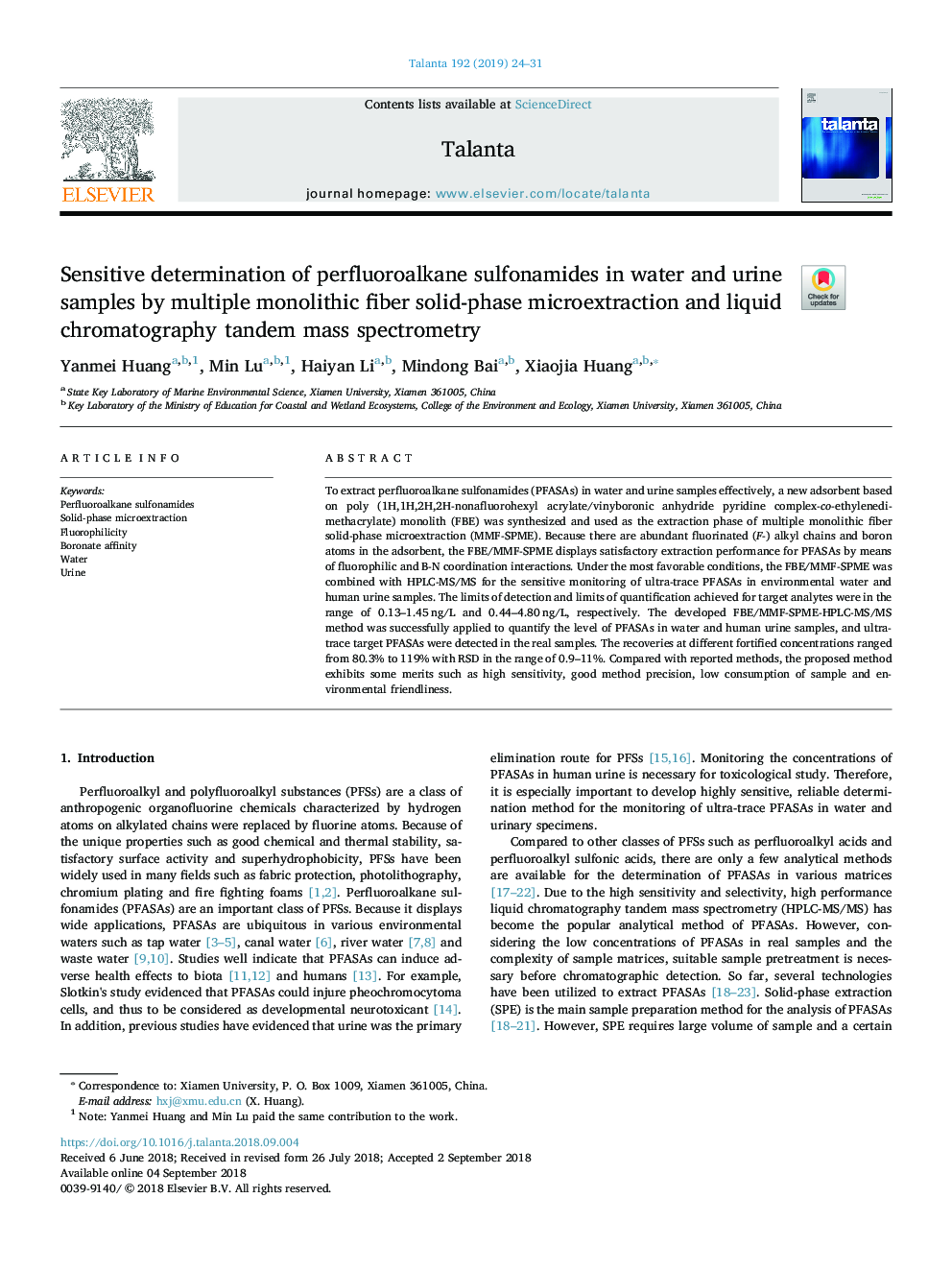 Sensitive determination of perfluoroalkane sulfonamides in water and urine samples by multiple monolithic fiber solid-phase microextraction and liquid chromatography tandem mass spectrometry