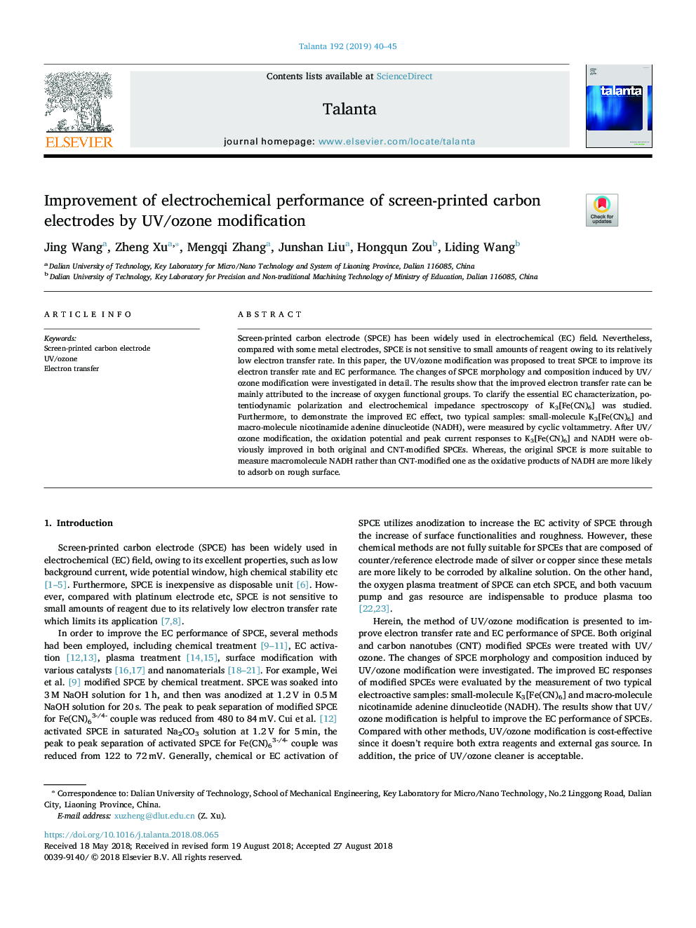 Improvement of electrochemical performance of screen-printed carbon electrodes by UV/ozone modification