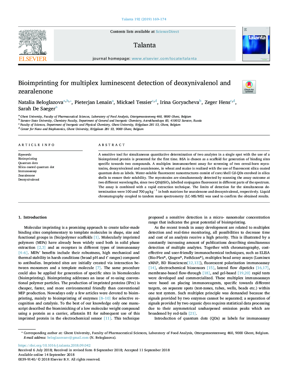 Bioimprinting for multiplex luminescent detection of deoxynivalenol and zearalenone