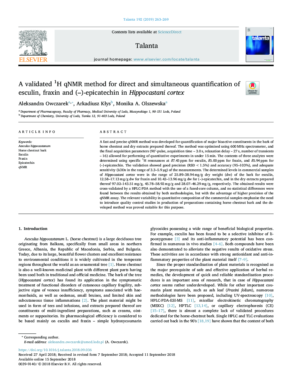 A validated 1H qNMR method for direct and simultaneous quantification of esculin, fraxin andÂ (-)-epicatechin in Hippocastani cortex