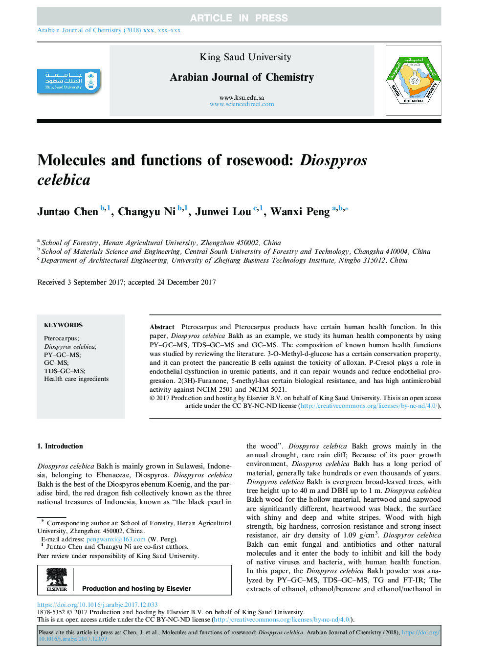 Molecules and functions of rosewood: Diospyros celebica