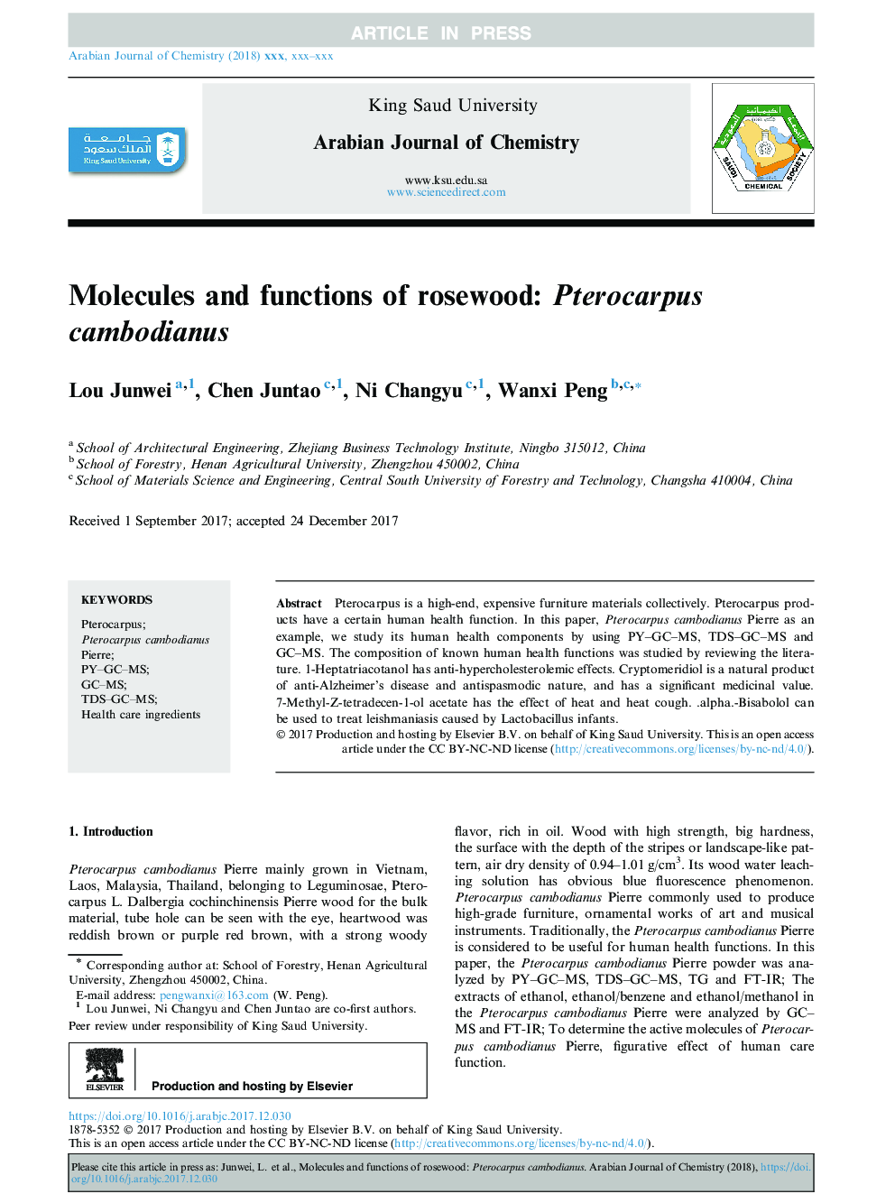 Molecules and functions of rosewood: Pterocarpus cambodianus