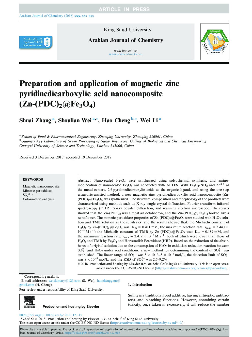Preparation and application of magnetic zinc pyridinedicarboxylic acid nanocomposite (Zn-(PDC)2@Fe3O4)