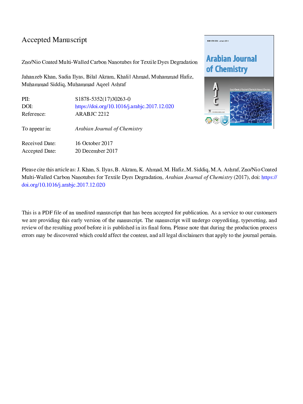 Zno/NiO coated multi-walled carbon nanotubes for textile dyes degradation