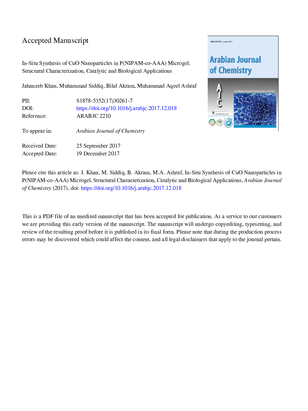 In-situ synthesis of CuO nanoparticles in P(NIPAM-co-AAA) microgel, structural characterization, catalytic and biological applications