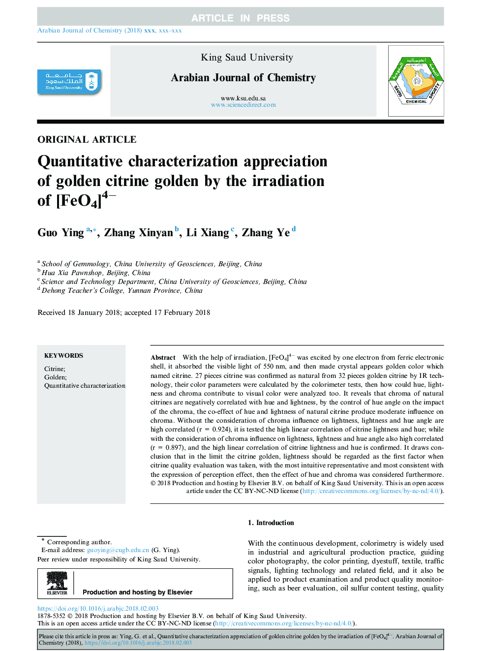 Quantitative characterization appreciation of golden citrine golden by the irradiation of [FeO4]4â