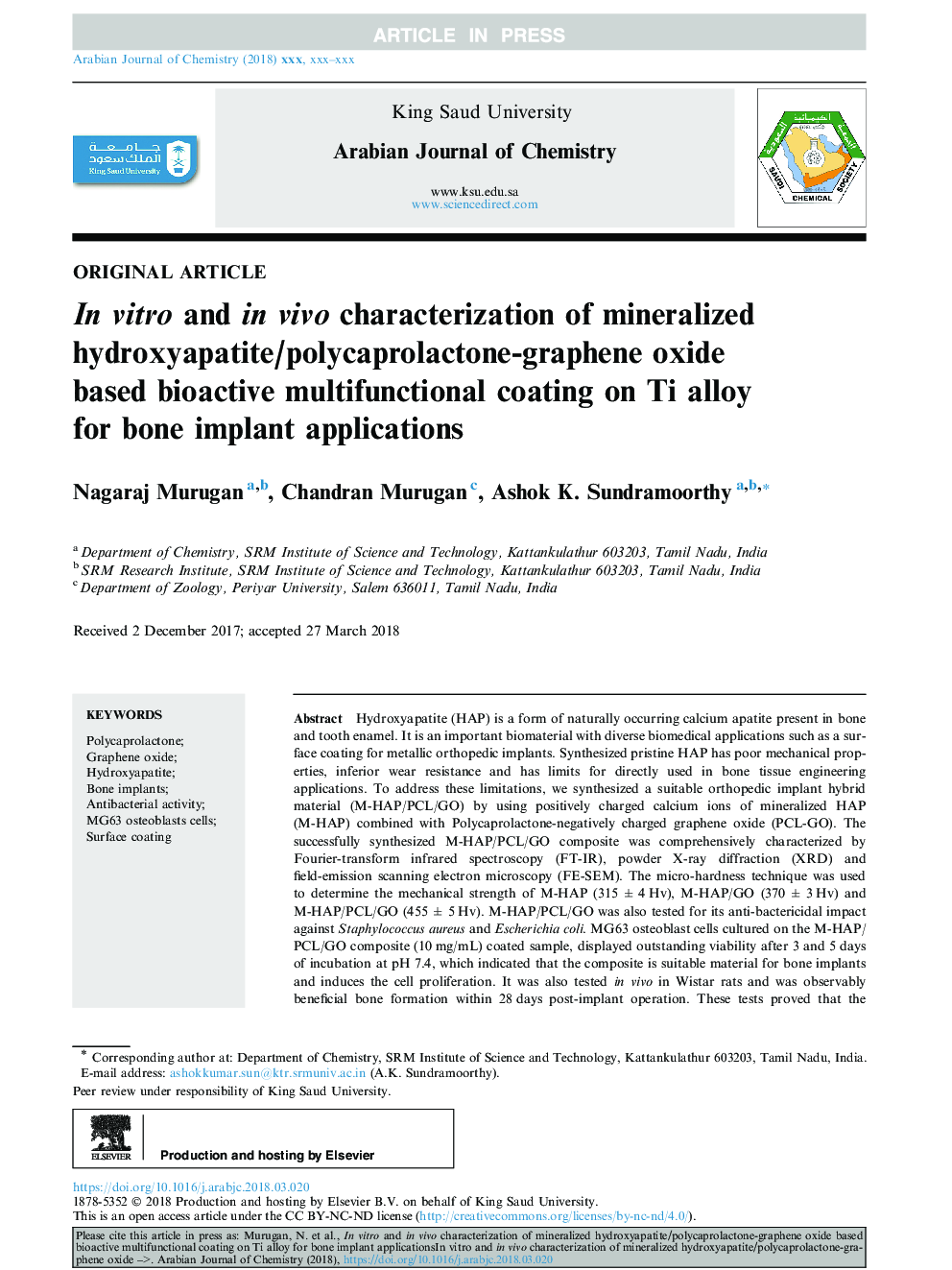 In vitro and in vivo characterization of mineralized hydroxyapatite/polycaprolactone-graphene oxide based bioactive multifunctional coating on Ti alloy for bone implant applications