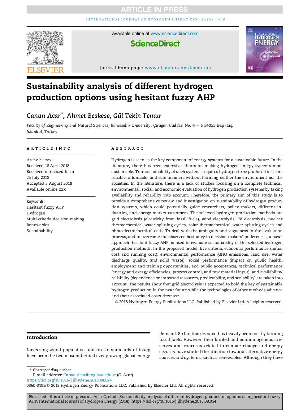 Sustainability analysis of different hydrogen production options using hesitant fuzzy AHP