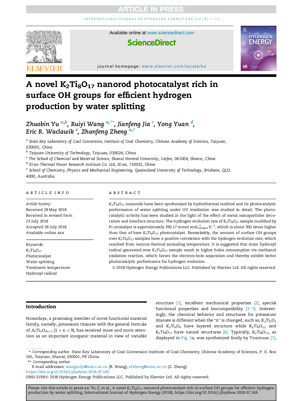 A novel K2Ti8O17 nanorod photocatalyst rich in surface OH groups for efficient hydrogen production by water splitting