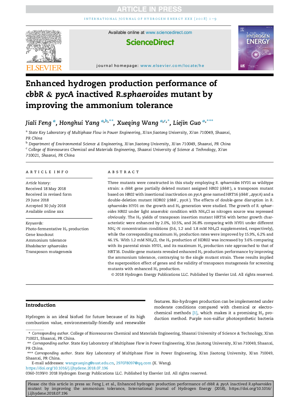 Enhanced hydrogen production performance of cbbR & pycA inactived R.sphaeroides mutant by improving the ammonium tolerance