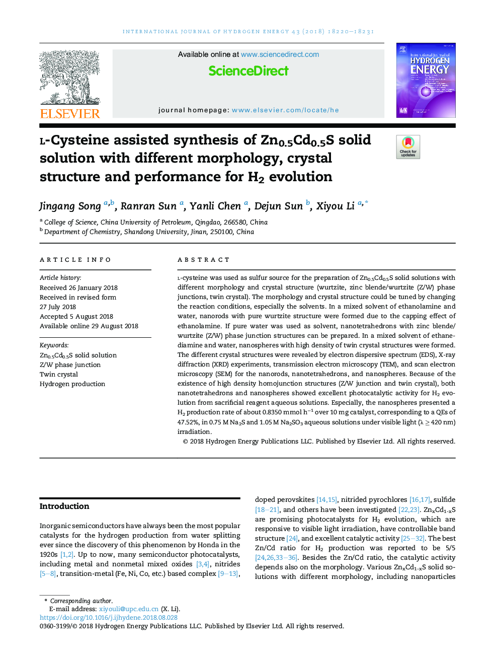 l-Cysteine assisted synthesis of Zn0.5Cd0.5S solid solution with different morphology, crystal structure and performance for H2 evolution