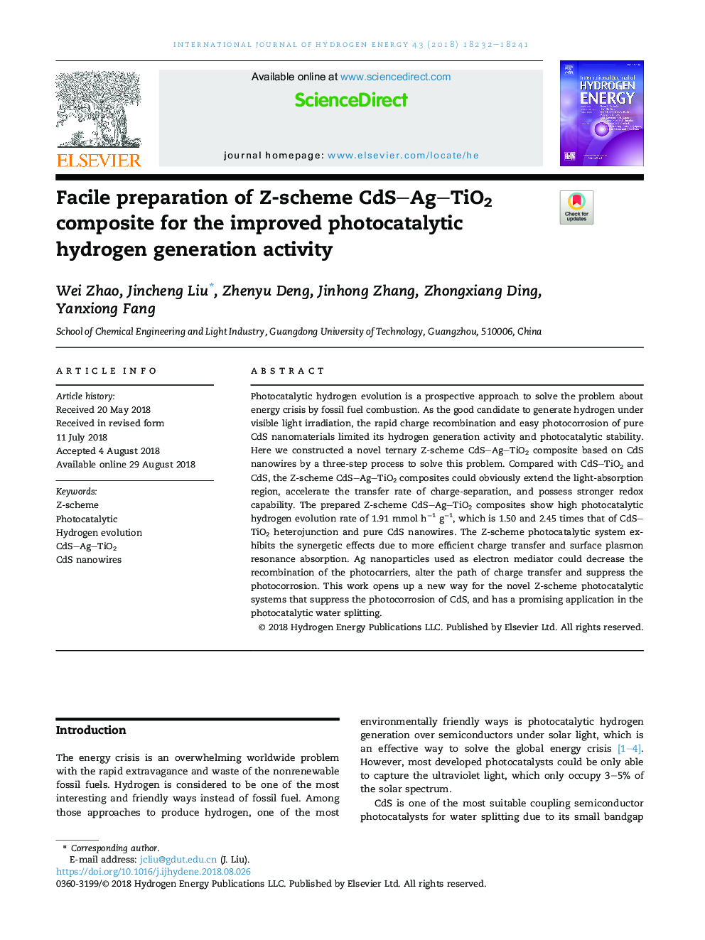 Facile preparation of Z-scheme CdSAgTiO2 composite for the improved photocatalytic hydrogen generation activity