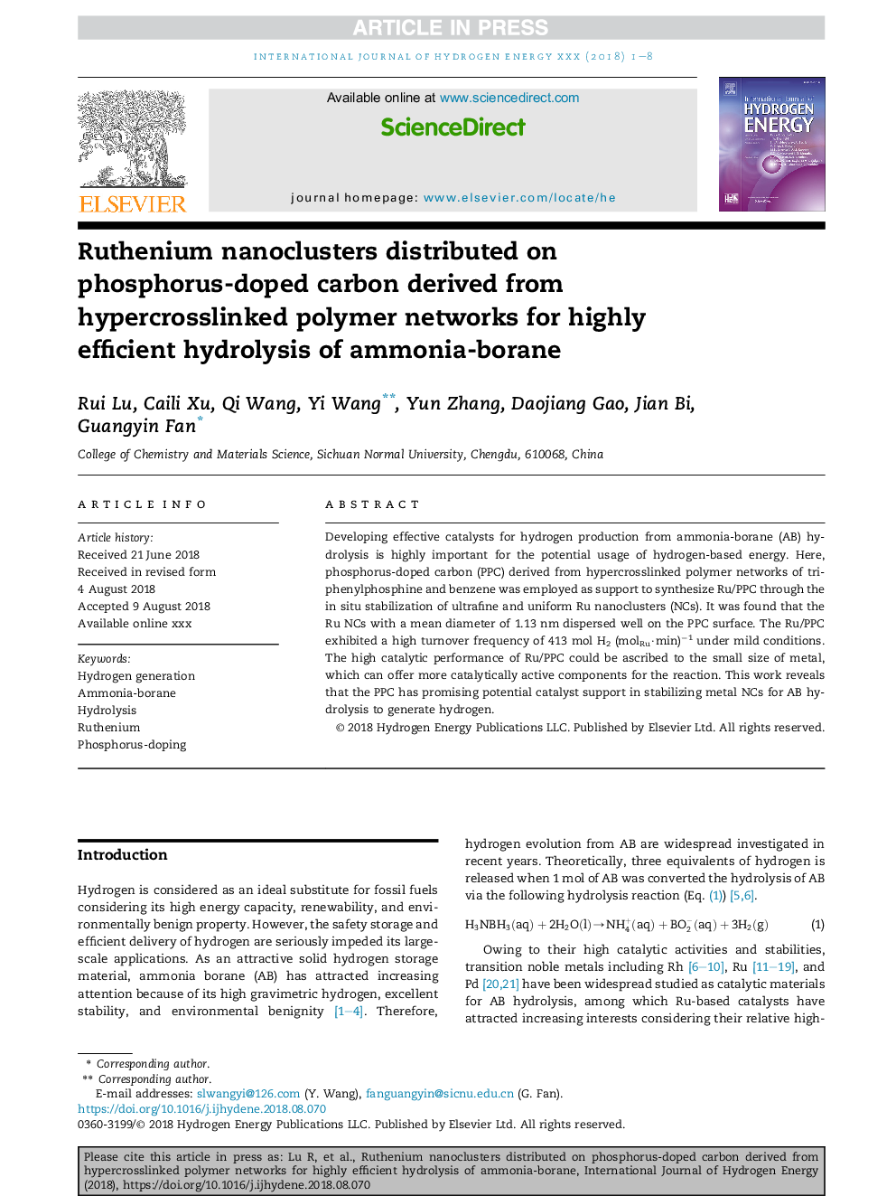 Ruthenium nanoclusters distributed on phosphorus-doped carbon derived from hypercrosslinked polymer networks for highly efficient hydrolysis of ammonia-borane