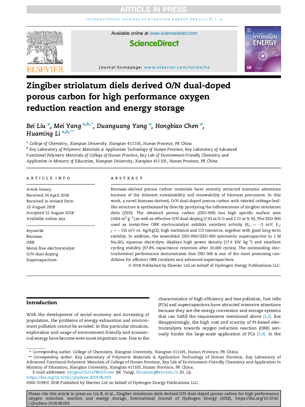 Zingiber striolatum diels derived O/N dual-doped porous carbon for high performance oxygen reduction reaction and energy storage