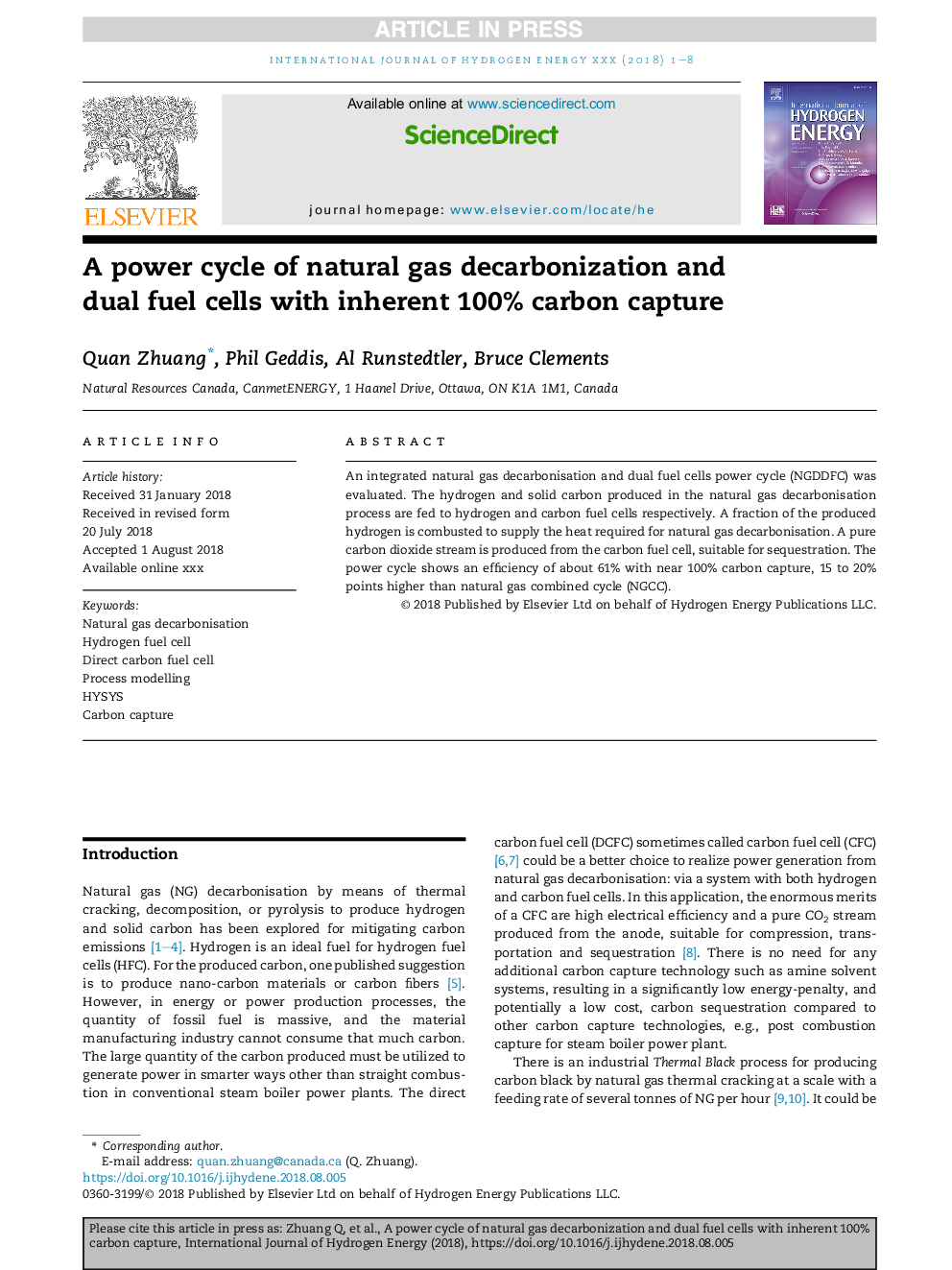 A power cycle of natural gas decarbonization and dual fuel cells with inherent 100% carbon capture