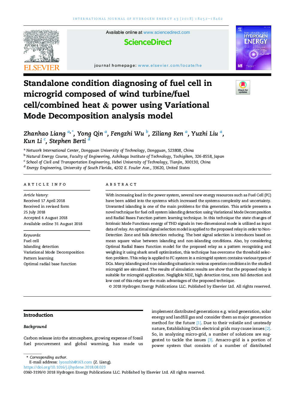 Standalone condition diagnosing of fuel cell in microgrid composed of wind turbine/fuel cell/combined heat & power using Variational Mode Decomposition analysis model